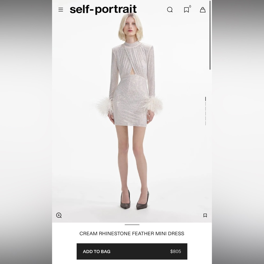 Self-Portrait Cream Rhinestone Feather Mini Dress (US 4) NWOT